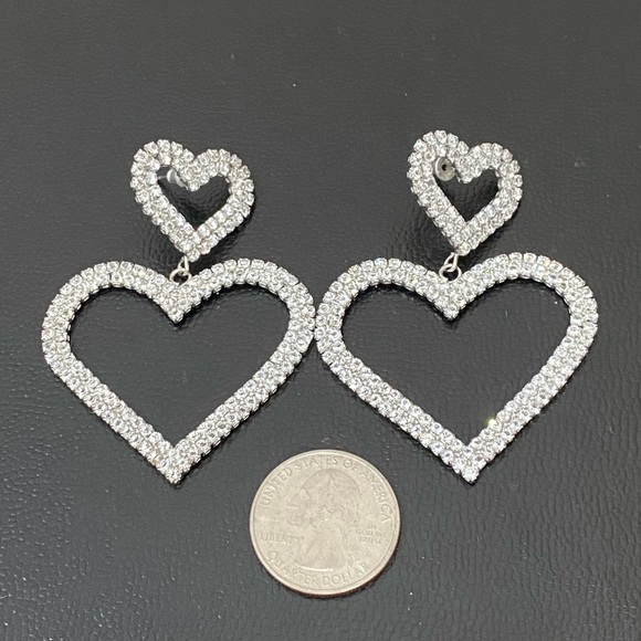 Unsigned Silver-tone Open Heart Pave Clear Rhinestones Hearts Drop Earrings 12g. - Picture 4 of 12